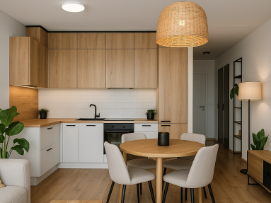 Moderná otvorená kuchyňa a obývačka